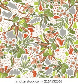 Trendy and colourful of Summer Olive and Foliages leaves brushed strokes style, seamless pattern vector ,Design for fashion , fabric, textile, wallpaper, cover, web , wrapping and all prints 