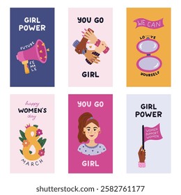 Trendy colourful vertical stories set for International Women s Day with girl power, woman rights clipart, motivational lettering. Holiday banner for social media with lady, mirror, megaphone, eight.