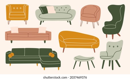 Trendy comfortable chair and couch set. Abstract soft furniture, luxury armchair, sofa, hand drawn doodle elements. Vector