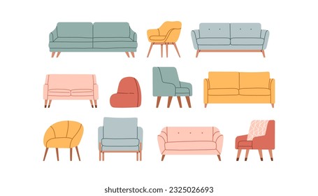 Trendy comfortable chair and couch set. Soft furniture, luxury armchair, sofa, hand drawn vector doodle elements