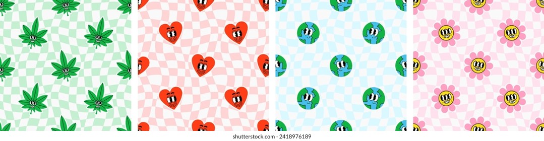 Trendy comic character mascot checkered seamless pattern set. Funny retro cartoon sticker chcker board background collection. Vintage wavy square grid tile texture print bundle.