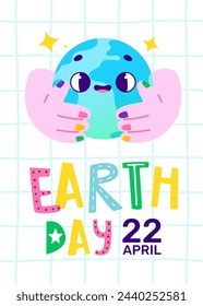 Trendy comic earth day poster with hands holding earth globe. Retro cartoon banner with cute earth planet.