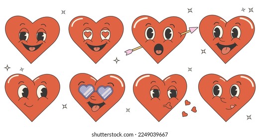 Trendy comic groovy valentines day sticker set. Cute and funny heart characters. Retro valentines day. 70s 60s aesthetics. 