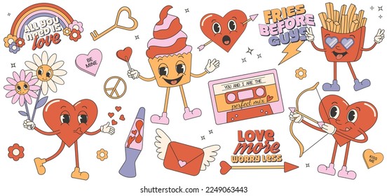 Trendy comic groovy valentines day sticker set. Retro valentines day. 70s 60s aesthetics. Vintage vector.