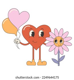Pegatina del día de moda del cómic groovy. Personajes agradables y graciosos. Corazón y margarita. Día de San Valentín retro.