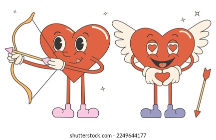 Trendy comic groovy valentines day stickers. Cute and funny characters. Cupid, angel. Retro valentines day. 70s 60s aesthetics.