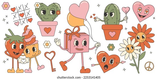 Trendy comic groovy valentines day sticker set with cupcake, strawberry, cactus, daisy and hearts. Retro valentines day. 70s 60s aesthetics.