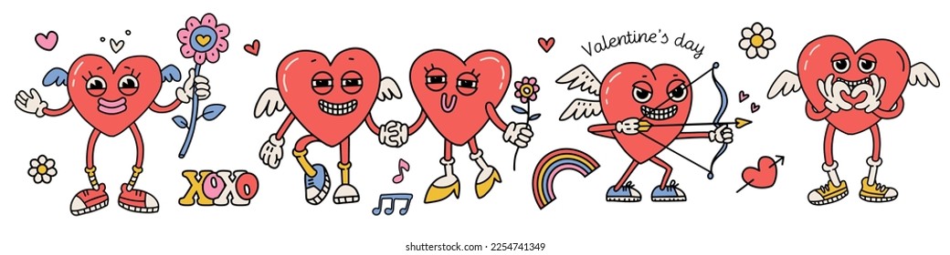 Trendy comic groovy valentines day sticker set of heart characters with wings. Cute and weird cupid mascots. Retro cartoon Valentines day design. 70s 80s aesthetics. Vector hand drawn illustration.