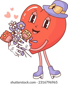  Trendy comic heart girl and flowers sticker.Cute and weird. Retro cartoon design of Mother's Day, Valentine's Day. Aesthetics of the 70s and 80s. Vector hand drawn illustration.