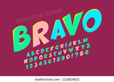 Trendy comical font design, colorful alphabet, typeface. Vector illustration