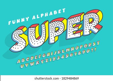 Trendy comical original alphabet design, colorful, typeface. Vector illustration, decorative typeset. 13 degree skew