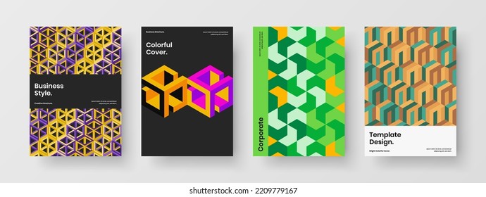 Trendy company brochure vector design layout composition. Unique geometric hexagons journal cover template collection.