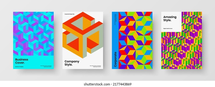 Trendy company identity A4 vector design illustration set. Vivid geometric hexagons poster layout bundle.