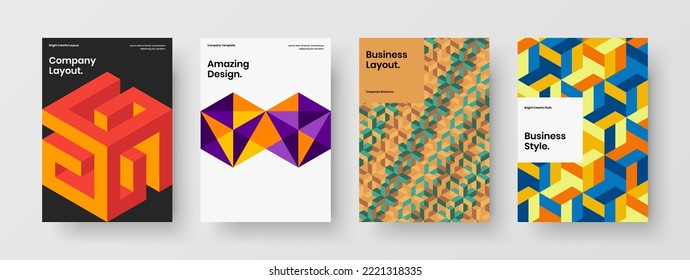 Trendy company identity design vector concept bundle. Isolated mosaic hexagons magazine cover illustration set.