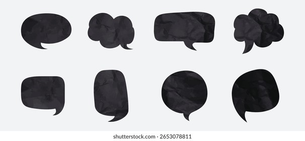 Coleção de componentes da moda com bolhas de fala pretas feitas de papel amassado.  Clip-art para mídia social, ilustração vetorial retro moderna para design de mídia mista