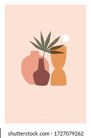 Trendy composition exotic leaves and abstract vases for home decor, greeting card designs, invitation. Modern art. Minimalist shapes in pastel colors on light isolated background. Vector illustration.