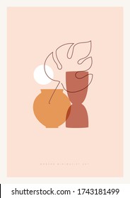 Composición a la moda hojas exóticas y jarrones abstractos para decoración casera, diseños de tarjetas de felicitación, invitación. Arte moderno. Formas minimalistas en tonos pastel sobre fondo aislado de luz. Ilustración vectorial.