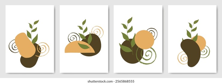 Trendy composition exotic leaves, mid century vector set geometric. Freehand doodle organic shapes for room decor, art deco, interior, poster, invite and cover. Hanging picture frame on wall at home