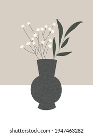 Trendy composition with flowers in vase for home decor, print, greeting card, invitation. Modern minimalist poster in pastel colors on light isolated background. Vector illustration.