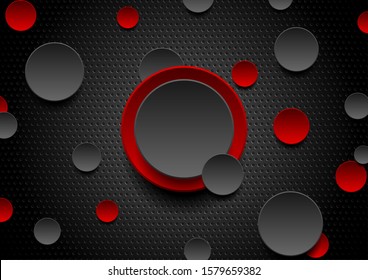 Trendy composition of red and black circles on black background. Dark metallic perforated texture design. Technology geometric vector illustration