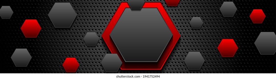 Trendy composition of red and black hexagons on black background. Dark metallic perforated texture design. Technology geometric illustration. Vector header banner