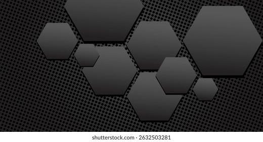 Trendy composition of red and black hexagons on black background. Dark metallic perforated texture design. Technology geometric illustration. Vector header banner