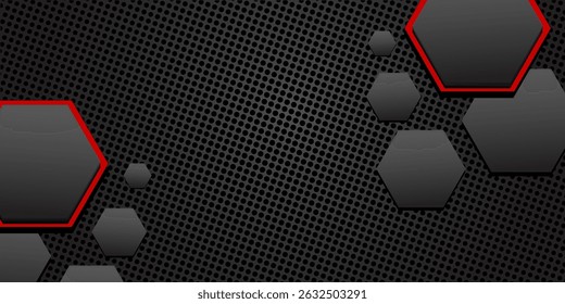 Trendy composition of red and black hexagons on black background. Dark metallic perforated texture design. Technology geometric illustration. Vector header banner