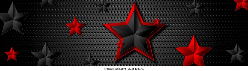 Trendy composition of red and black stars on black background. Dark metallic perforated texture design. Technology geometric illustration. Vector header banner