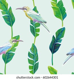 Trendy composition of tropical birds and palm leaves. Vector summer seamless illustration, wallpaper on a light green pattern background