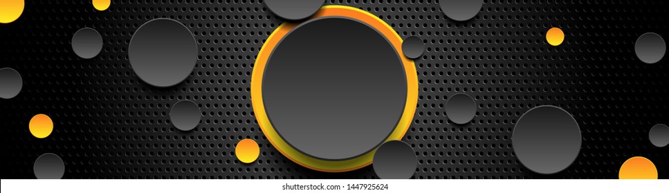 Trendy composition of yellow and black circles on black background. Dark metallic perforated texture design. Technology geometric illustration. Vector header banner