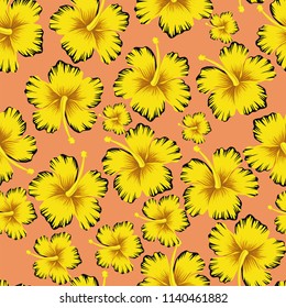 Trendy composition yellow flowers hibiscus seamless pattern pink background