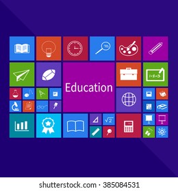 Trendy computer or mobile application app program of flat education academic icon in many subjects such as math science art and sport in colorful geometric square block background, create by vector
