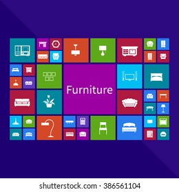 Trendy computer or mobile application app program of flat home appliance furniture and interior decoration tool icon in colorful geometric square block background with text set 2, create by vector