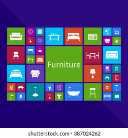 Trendy computer or mobile application app program of flat home appliance furniture and interior decoration tool icon in colorful geometric square block window background with text, create by vector