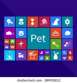Trendy computer or mobile application app program of flat pet animal and accessories object icon menu in colorful geometric square block window background with text, create by vector
