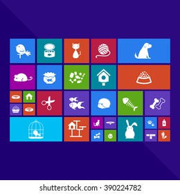 Trendy computer or mobile application app program of flat pet animal and accessories object icon menu in colorful geometric square block window background, create by vector
