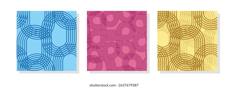 Trendy concentric lines, curves, circles seamless pattern collection. Geometrical shapes, bright coloured vector pattern ideas for backdrop, banner, brochure, flyer, home decor, textile, laminates.