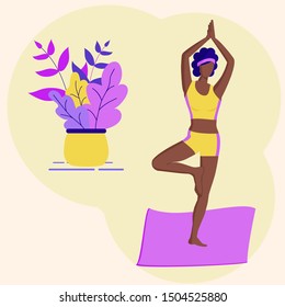 Trendy concept of fitness class and diversity:cute black girl standing in yoga tree pose.Flat Funky Figures style.Decorated beautiful leaves.Vector illustration.For advertising, logo, leaflets,flyer