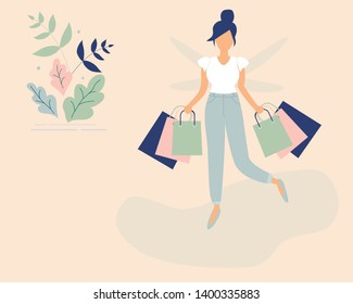 Trendy concept of shopping:girl in the form of a dragonfly or butterfly with wings and paper bags from store.Flat Funky Figures style.Decorated beautiful leaves.Vector illustration
