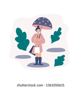 Trendy concept of shopping:girl in waterproof boots with paper bags from store in wet weather with umbrella in cute polka dots.Flat Funky Figures style.Decorated beautiful leaves.Vector illustration