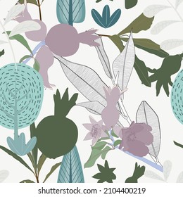 Trendy contemporary abstract floral seamless pattern. Fashionable template with palm leaves silhouette, pomegranate and outher for your design.