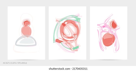 Trendy contemporary abstract watery shapes. Light natural pastel colors. Harmony and relaxation design. Mid century wall art. Smooth lines random opacity overlapping texture creates watercolor effect