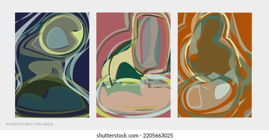 Trendy contemporary abstract watery shapes. Light natural pastel colors. Harmony and relaxation design. Mid century wall art. Smooth lines random opacity overlapping texture creates watercolor effect
