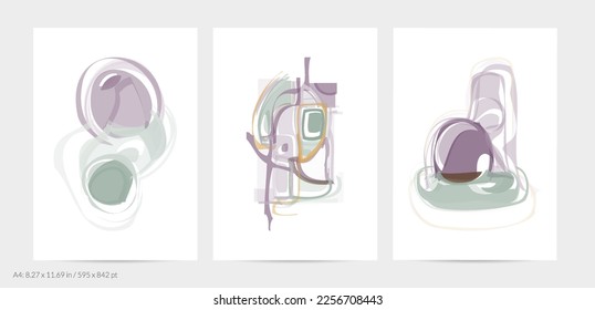 Trendy contemporary abstract watery shapes. Light natural pastel colors. Harmony and relaxation design. Mid century wall art. Smooth lines random opacity overlapping texture creates watercolor effect