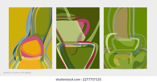 Trendy contemporary abstract watery shapes. Light natural pastel colors. Harmony and relaxation design. Mid century wall art. Smooth lines random opacity overlapping texture creates watercolor effect