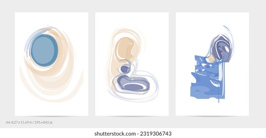 Trendy contemporary abstract watery shapes. Light natural pastel colors. Harmony and relaxation design. Mid century wall art. Smooth lines random opacity overlapping texture creates watercolor effect