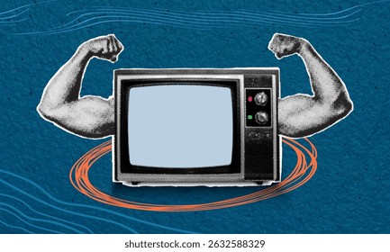 Trendy contemporary art collage. Image of retro TV and strong arm muscles in the background. The concept of propaganda in television.
