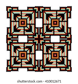 Trendy, contemporary ethnic pattern, embroidery cross, squares, diamonds, chevrons.