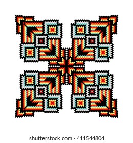Trendy, contemporary ethnic pattern, embroidery cross, squares, diamonds, chevrons.