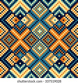 Trendy, contemporary ethnic seamless pattern, embroidery cross, squares, diamonds, chevrons